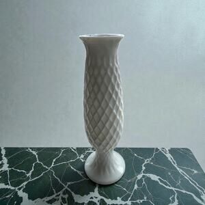 Vintage E.O. Brody Co Milk Glass Bud Vase Diamond Quilted Pattern Footed MCM